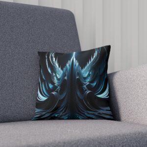 Black cushion with a blue abstract dimensional design on a gray chair