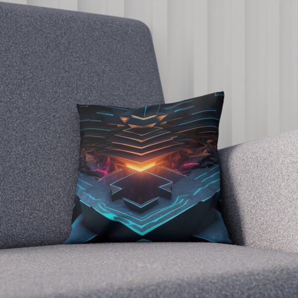 Futuristic cushion with glowing geometric rift design on gray chair