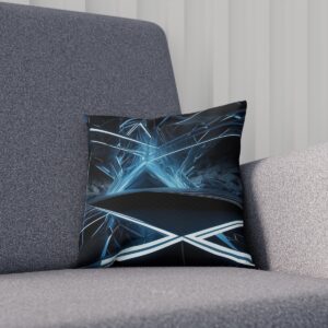 Black cushion with blue light abstract design on a gray chair