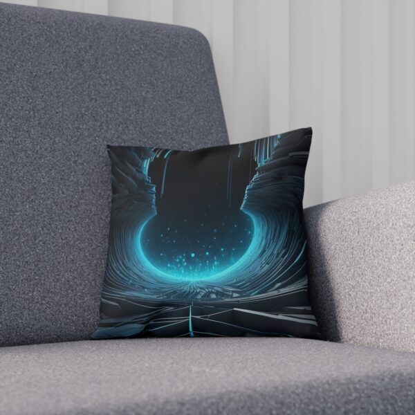 Black cushion with blue glowing dimensional rift design on chair