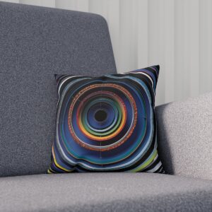 Cushion with multicolored rings design on a gray chair