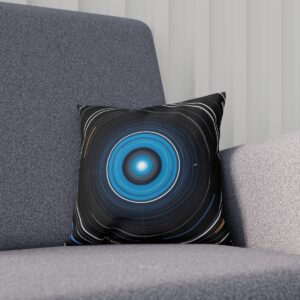 Black cushion with blue concentric rings design on gray chair