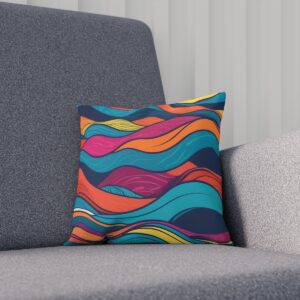 Cushion with colorful wavy patterns on a gray chair