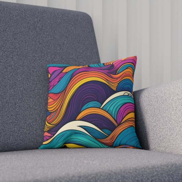 Bold psychedelic wave print cushion on gray armchair