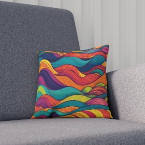 Vibrant wavy lines cushion on a minimalist gray chair