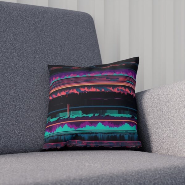 Black cushion with colorful digital waveform pattern on gray chair