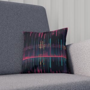 Dark cushion with colorful digital signal pattern on a gray chair