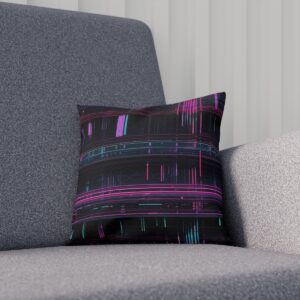 Cushion with neon digital glitch stripes on a gray chair