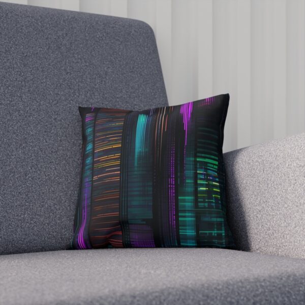 Cushion with colorful digital lines on dark background on chair