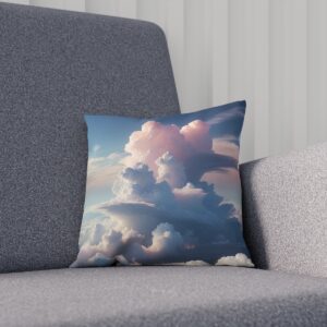 Sky-themed cushion with fluffy clouds on a gray armchair