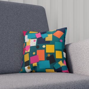 Multicolored cushion with confetti pattern on dark sofa