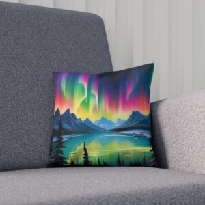 Cushion featuring abstract aurora over a calm lake and mountains on a sofa