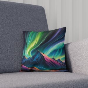 Vibrant abstract aurora cushion on grey sofa with mountain silhouette