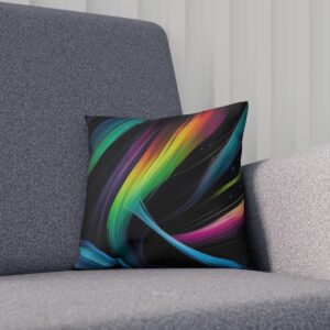 Colorful abstract aurora swirl cushion on gray couch