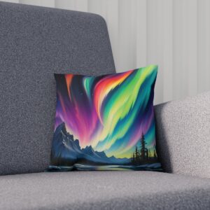 Cushion with abstract aurora design on a gray couch