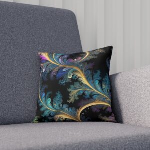 Black cushion with colorful fractal pattern on a gray couch