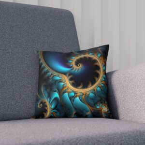 Dark cushion with a blue and gold fractal pattern on a sofa.