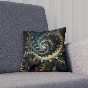 Cushion with teal and gold fractal spiral pattern on a dark background on a sofa.