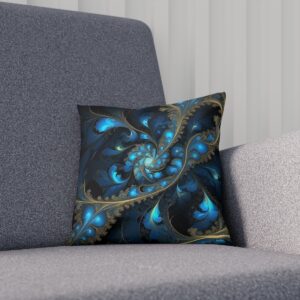 Dark cushion with a swirling blue fractal design and gold accents on a sofa.