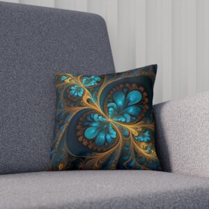 Cushion with a blue floral fractal pattern on a dark background on a couch.