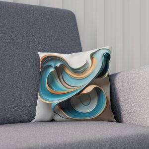 Abstract art cushion with swirls in teal, cream, and gold on a sofa.