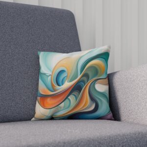 Cushion with an abstract flowing design in pastel colors on a grey sofa.