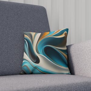 Cushion with fluid abstract design in teal, cream, and dark blue on a couch.