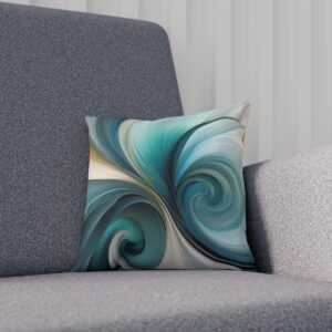 Cushion with abstract swirls in shades of teal on a grey couch.