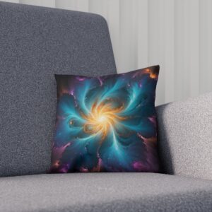 Cushion with a cosmic energy burst pattern in shades of blue and pink on a couch.