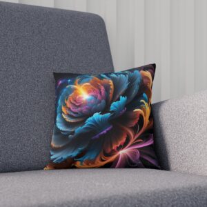 Decorative cushion with swirling cosmic design in dark and vibrant colors on a sofa.