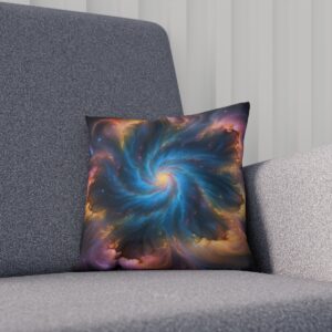 Cushion with a nebulous cosmic pattern in deep blues and golds on a grey couch.