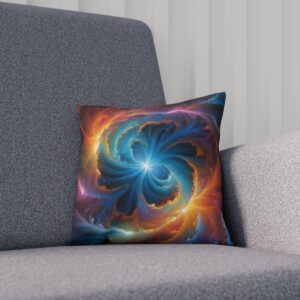 Cushion with blue and orange galactic swirl design on a gray couch.