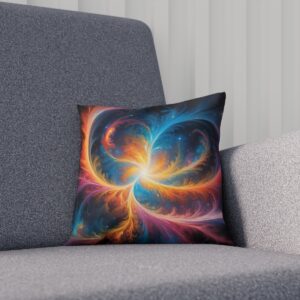 Cushion with a fiery nebula design in blue and orange tones on a grey sofa.