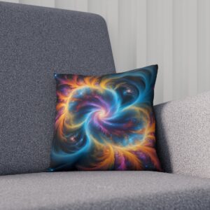 Cushion featuring an abstract cosmic pattern in vibrant blues and oranges on a couch.