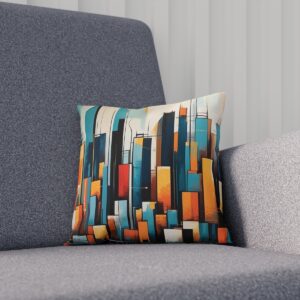 Cushion with abstract high-rise buildings pattern in teal, orange, and cream on a sofa.