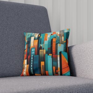 Teal and orange abstract cityscape cushion on a grey couch.