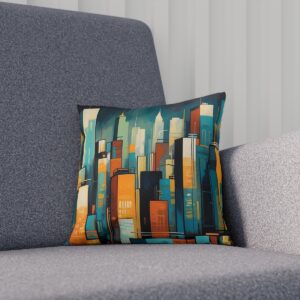 Cushion with stylized cityscape illustration in teal and orange hues on a sofa.