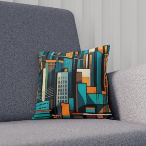 Cushion with abstract urban skyline design in teal, orange, and black on a sofa.