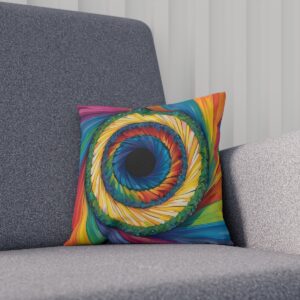 Multicolor spiral pattern cushion resembling an eye on a grey sofa.