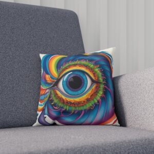 Cushion with colorful feathered eye design on a gray couch.