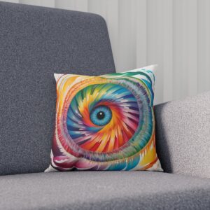 Cushion with a spiraling rainbow pattern resembling an eye on a couch.