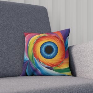 Cushion with colorful eye-like vortex design on a gray sofa.