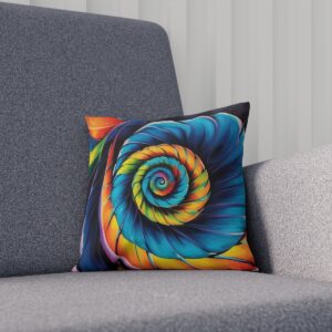 Cushion with a spiral of vivid hues on a grey sofa.