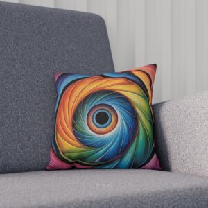 Cushion with a colorful swirling vortex design on a gray couch.