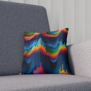 Cushion with abstract colorful soundwaves on a dark background on a sofa.