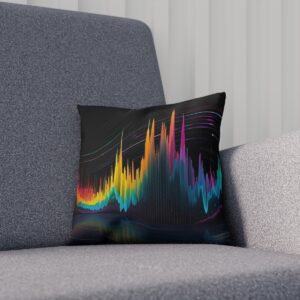 Black cushion with colorful audio spectrum visual on a gray sofa.