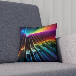 Neon spectrum waves cushion on a gray couch.