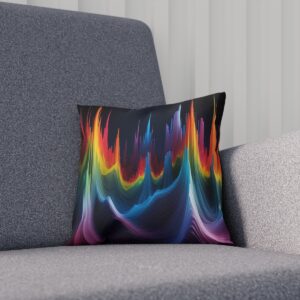 Cushion featuring a colorful digital sound wave on a gray sofa.