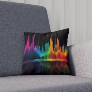 Cushion with colorful sound wave spectrum design on a gray couch.