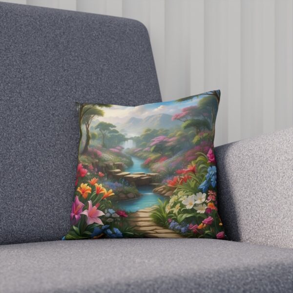 Cushion with a tranquil pathway leading through a colorful mystical garden on sofa